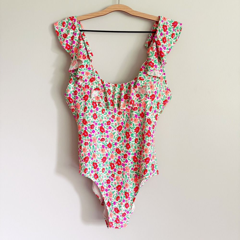 J.Crew Ruffle Scoopback One Piece Swimsuit Size 12 Storybook Floral Red Pink
